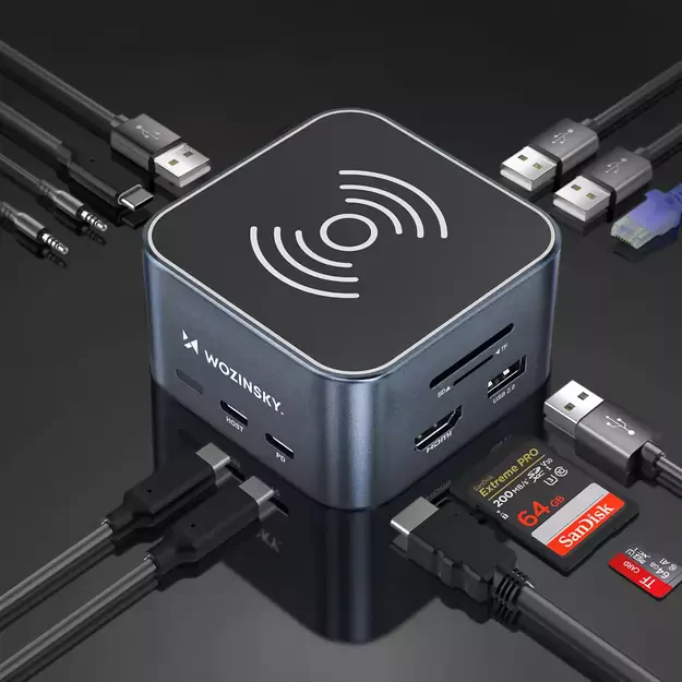 Hub USB-C 12 in 1 Wozinsky WHBC09Y8S multifunctional, with wireless charging function, aluminum, with 15 cm cable - gray 5
