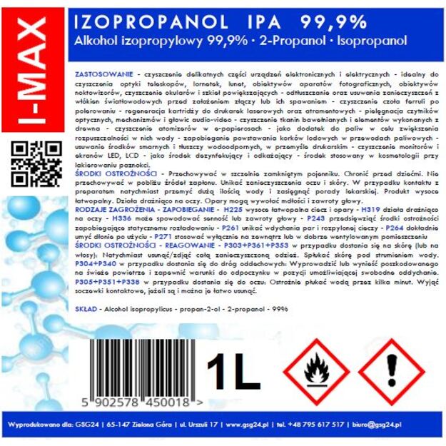 Isopropyl alcohol Isopropanol IPA I-MAX 99.9% 1L 1