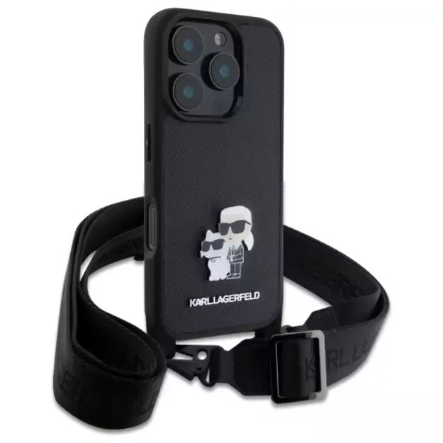 Karl Lagerfeld Saffiano Karl&amp Choupette Metal Pin CBDY Strap iPhone 16 Pro Case - Black 7