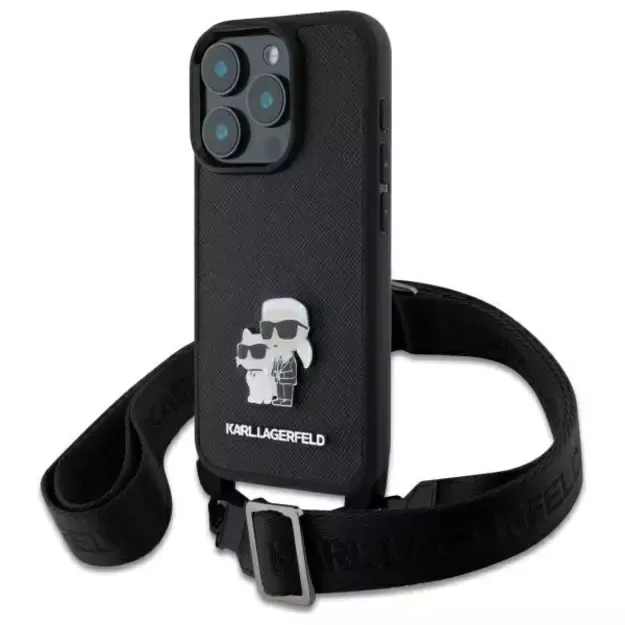 Karl Lagerfeld Saffiano Karl&amp Choupette Metal Pin CBDY Strap iPhone 16 Pro Case - Black