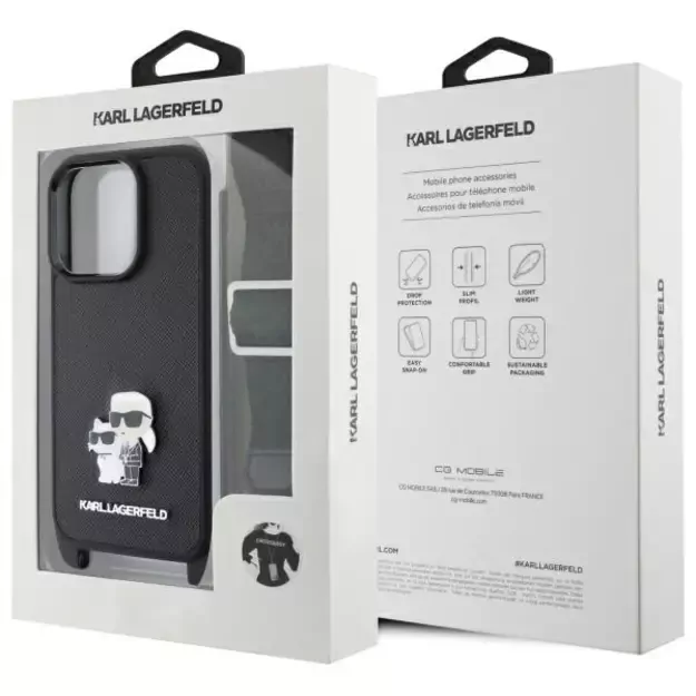 Karl Lagerfeld Saffiano Karl&amp Choupette Metal Pin CBDY Strap iPhone 16 Pro Case - Black 10
