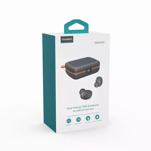 Choetech TWS wireless headphones waterproof with solar panel and built-in 2500mAh powerbank black (BH-T05) 6