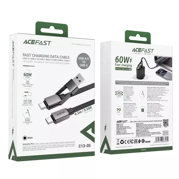 Acefast C13-05 USB-C - USB-A / USB-C Cable 480Mb/s 3A 0.2m - Black 14