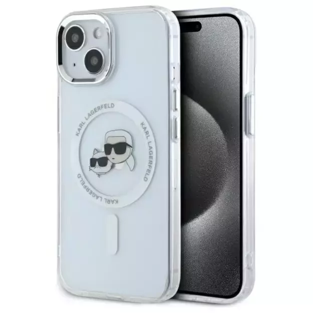 Karl Lagerfeld IML Metal Karl&amp Choupette Head MagSafe iPhone 15 Case - White