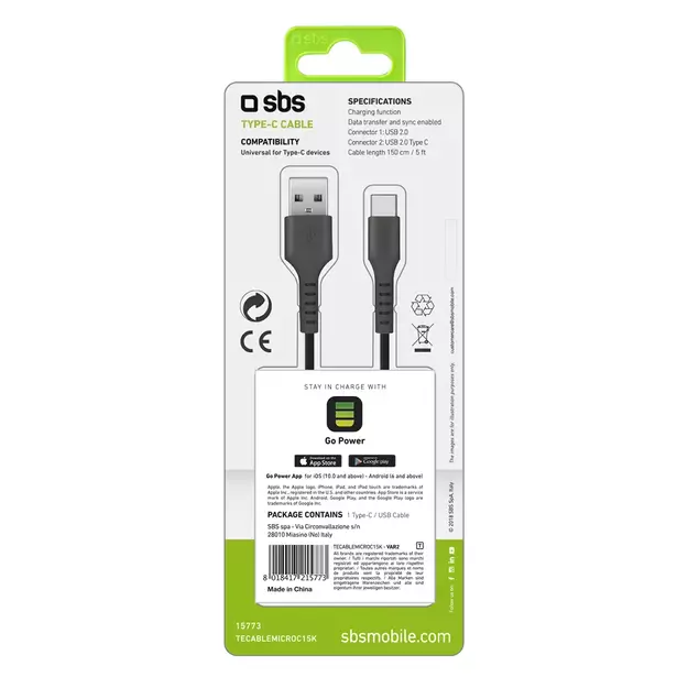 SBS TECABLEMICROC15K USB-A - USB-C Cable 1.5m - Black 6