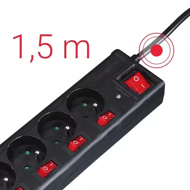 Hama 6-socket surge protector strip 1.4m with switches - black 1