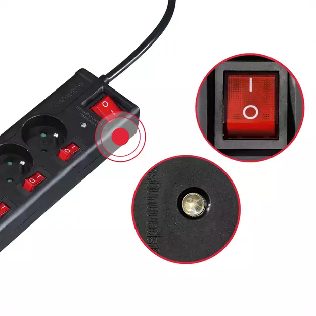 Hama 6-socket surge protector strip 1.4m with switches - black 2