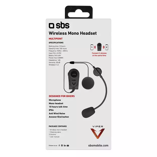 SBS TEEARSETMONOMOTOBTK mono wireless headset for motorcycle helmet - black 14