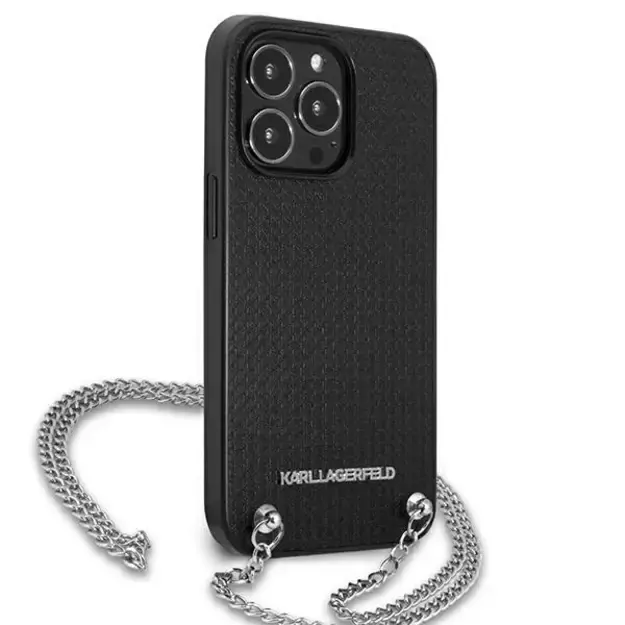 Karl Lagerfeld Leather Textured and Chain Case for iPhone 13 Pro Max 6.7&quot  - Black 3