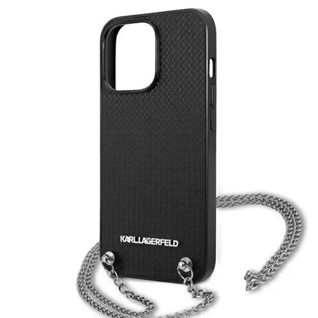 Karl Lagerfeld Leather Textured and Chain Case for iPhone 13 Pro Max 6.7&quot  - Black 6
