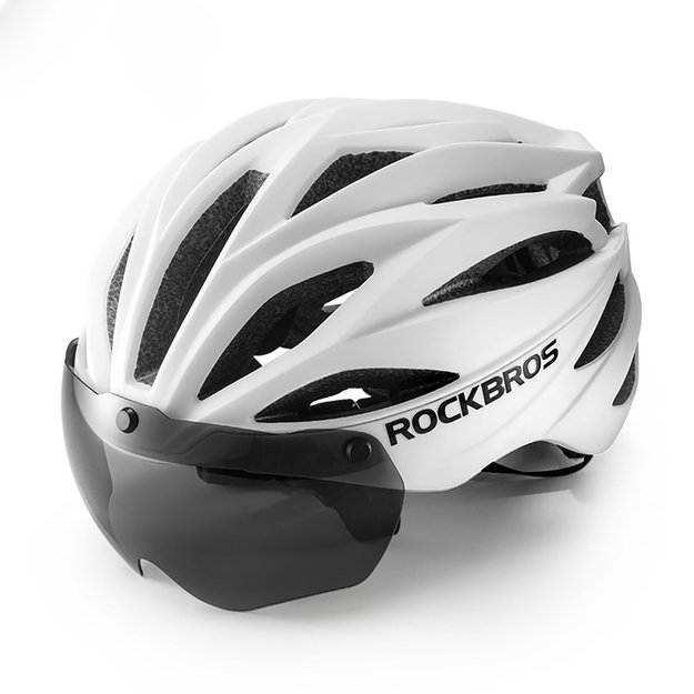 Rockbros Bike Helmet with Visor, Detachable UV Protective Goggles, Unisex, Matte - White