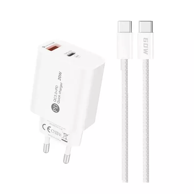 A6MaxL 20W USB-A USB-C wall charger with USB-C - USB-C 1m cable - white