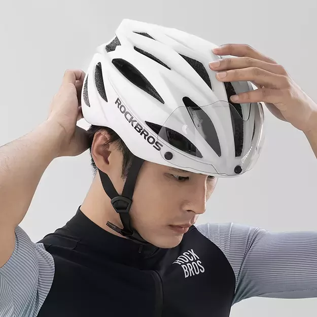 Rockbros Bike Helmet with Visor, Detachable UV Protective Goggles, Unisex, Matte - White 9