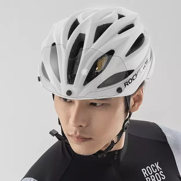Rockbros Bike Helmet with Visor, Detachable UV Protective Goggles, Unisex, Matte - White 10