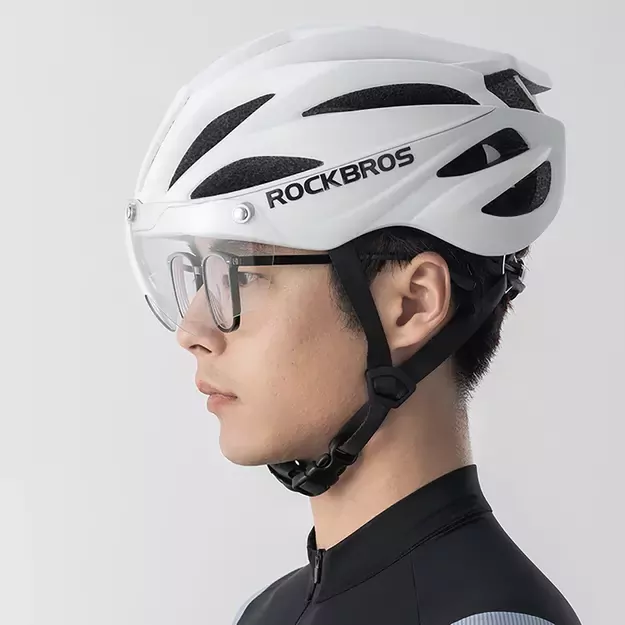 Rockbros Bike Helmet with Visor, Detachable UV Protective Goggles, Unisex, Matte - White 6
