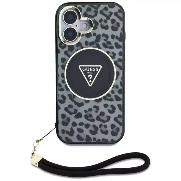 Guess HC IML Leopard Triangle Cord Strap MagSafe case for iPhone 16 - black 4