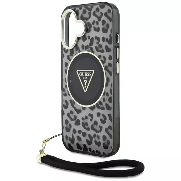 Guess HC IML Leopard Triangle Cord Strap MagSafe case for iPhone 16 - black 10