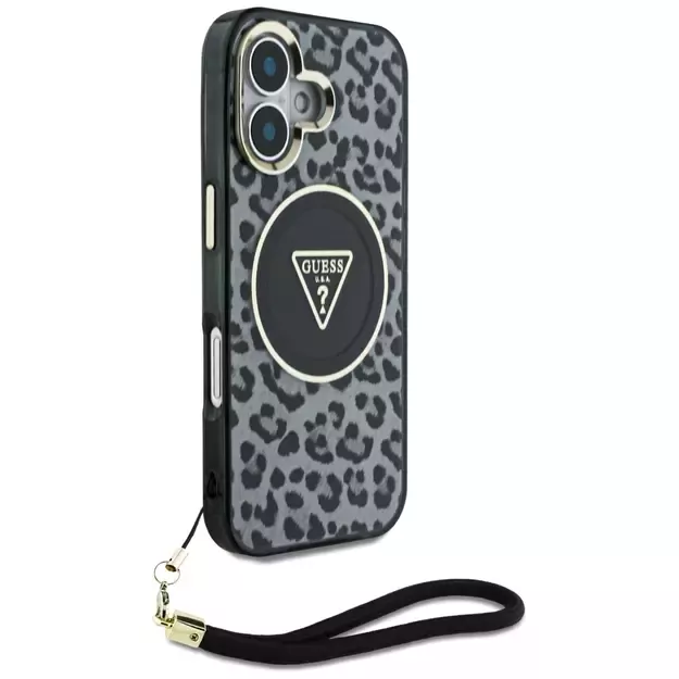 Guess HC IML Leopard Triangle Cord Strap MagSafe case for iPhone 16 - black 6
