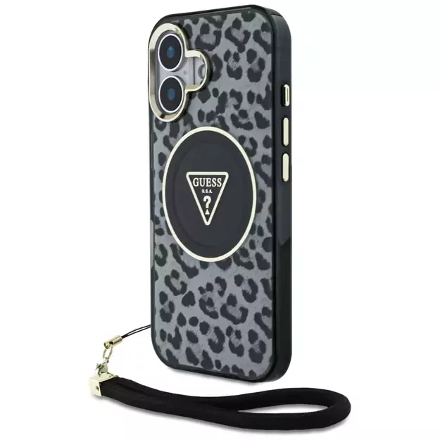 Guess HC IML Leopard Triangle Cord Strap MagSafe case for iPhone 16 - black