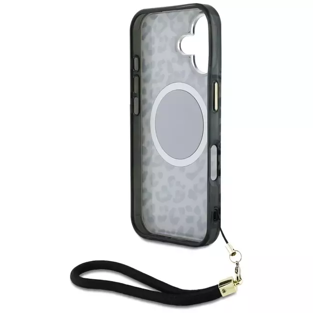 Guess HC IML Leopard Triangle Cord Strap MagSafe case for iPhone 16 - black 11