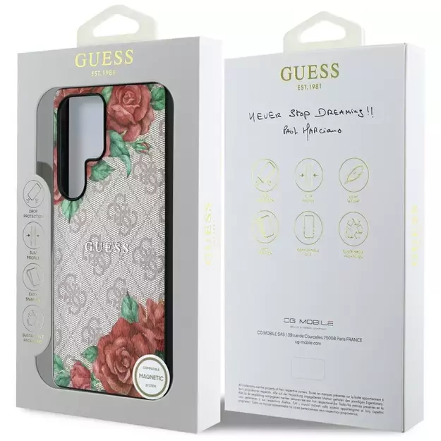 Guess Leather 4G Flowers Print Metal Classic Logo MagSafe Case for Samsung Galaxy S25 Ultra - Pink 7