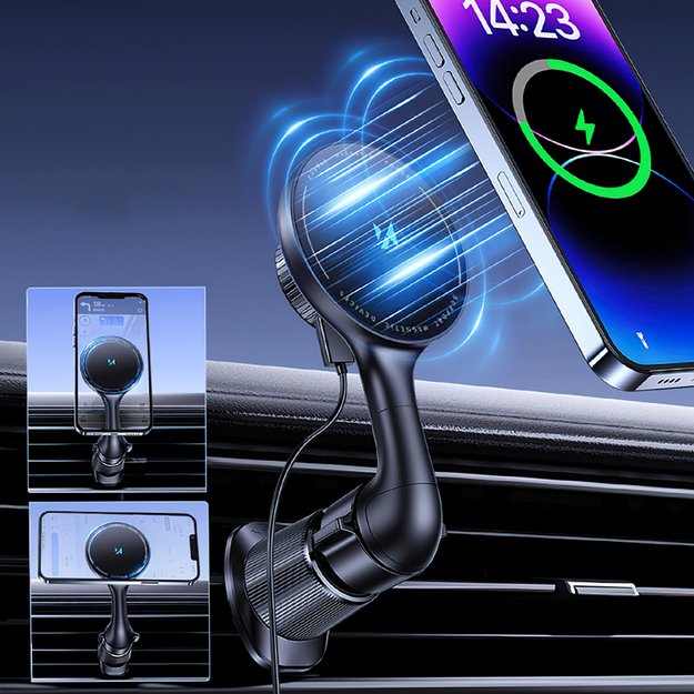 Wozinsky WCT5-6S4Y Car Holder with Qi/MagSafe 15W Inductive Charger for Air Vent - Black 4