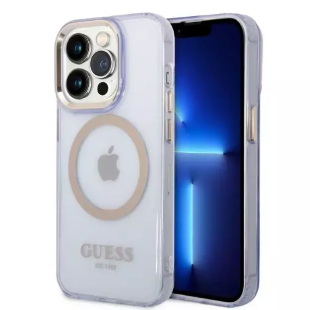 Guess Gold Outline Translucent MagSafe Case for iPhone 14 Pro Max 6.7&quot  - Purple