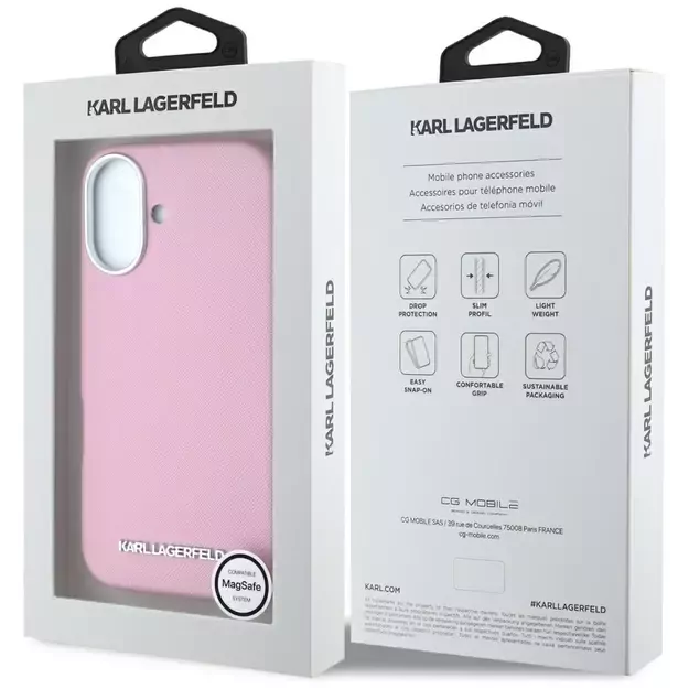 Karl Lagerfeld Saffiano Full Wrapped Elongated Metal Logo MagSafe iPhone 16 Case - Pink 14