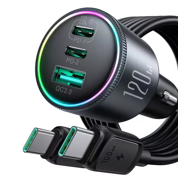 Joyroom JR-CCN07 car charger 120W 2xUSB-C USB-A + USB-C cable 100W - dark gray 16