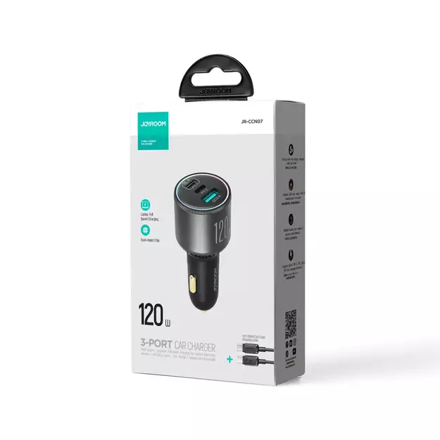 Joyroom JR-CCN07 car charger 120W 2xUSB-C USB-A + USB-C cable 100W - dark gray 14