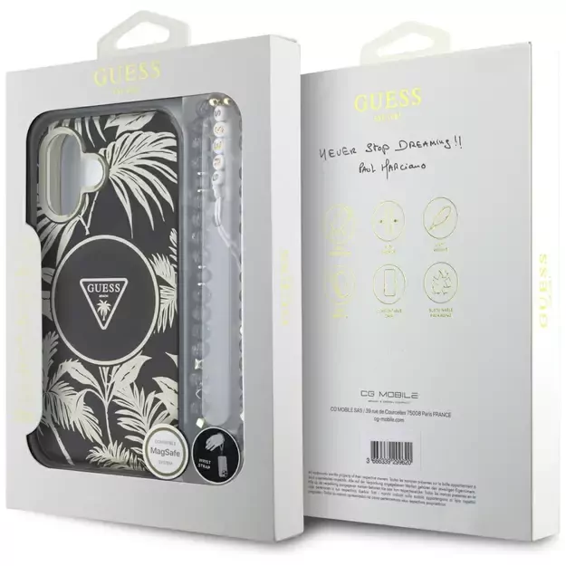 Guess Palm Trees Triangle Pearl Strap MagSafe case for iPhone 16 black 6