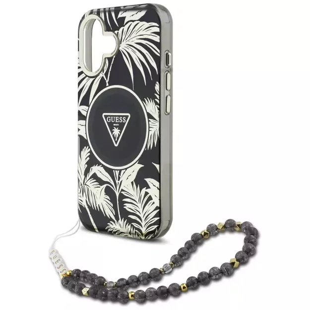 Guess Palm Trees Triangle Pearl Strap MagSafe case for iPhone 16 black 4