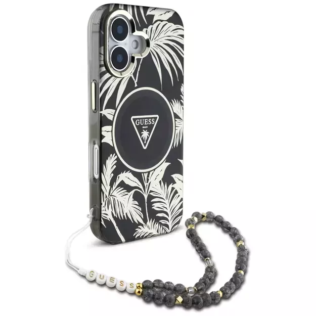 Guess Palm Trees Triangle Pearl Strap MagSafe case for iPhone 16 black 2