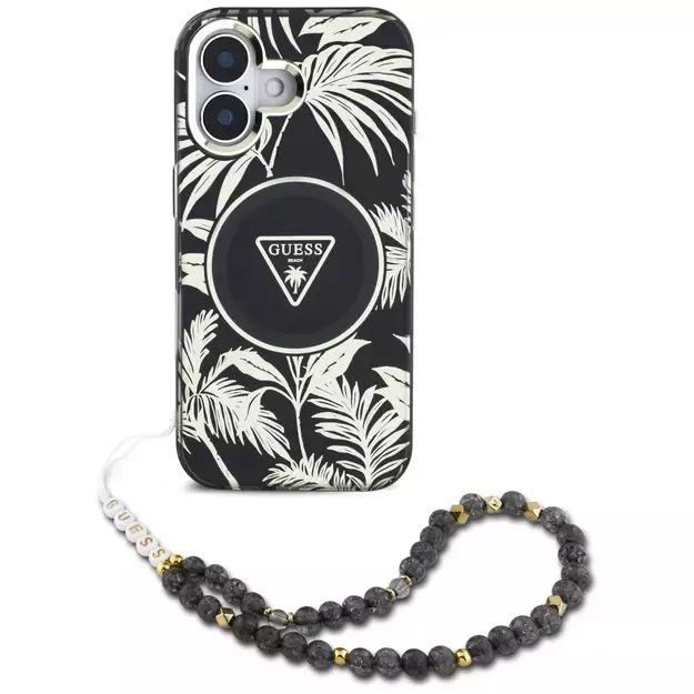 Guess Palm Trees Triangle Pearl Strap MagSafe case for iPhone 16 black 1