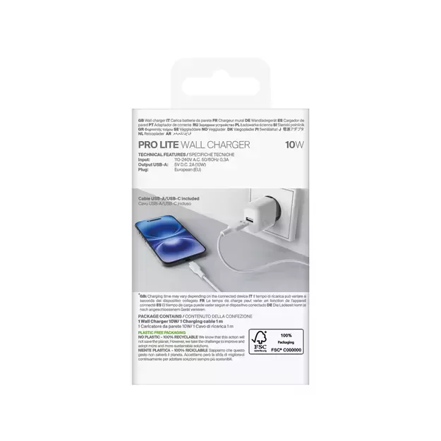 Puro PROLITE 10W USB-A wall charger + USB-A - USB-C cable 1.2m - white 2