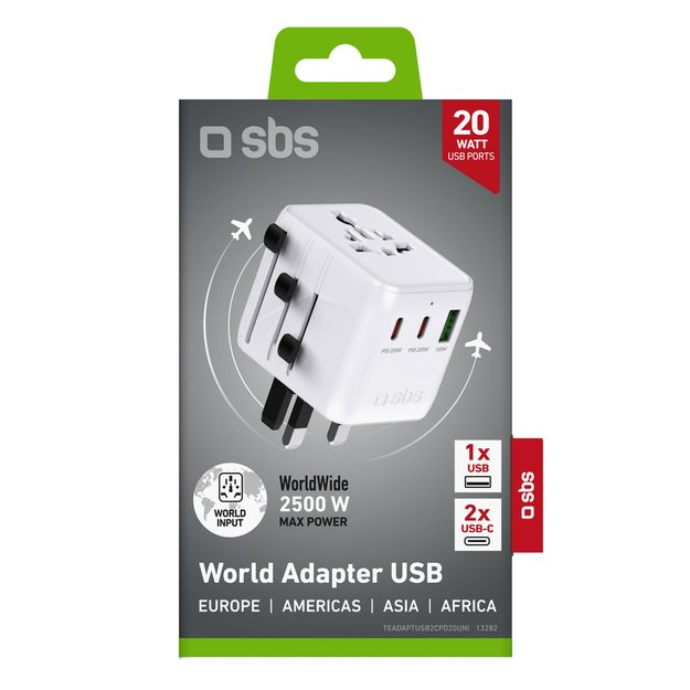 Universal travel adapter with USB-A and 2x USB-C P 1