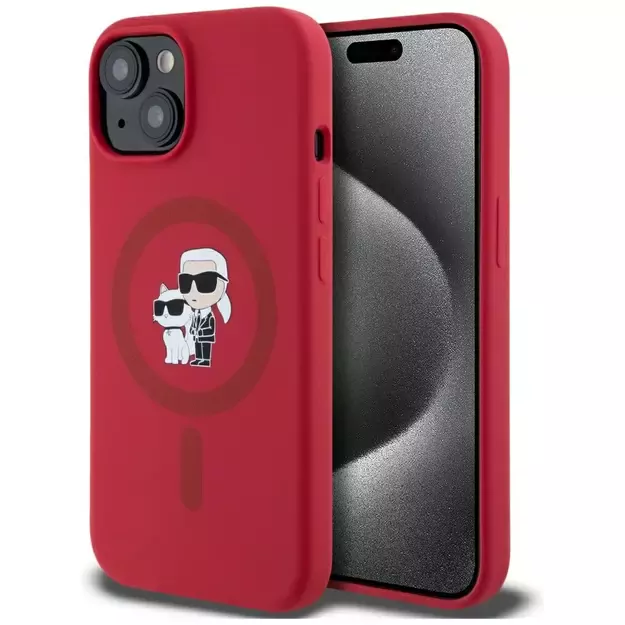 Karl Lagerfeld Silicone Karl&amp Choupette Heads Ring MagSafe iPhone 15 Case - Red