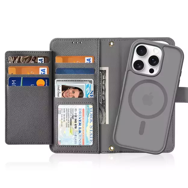 Dux Ducis Lawa Leather Case for iPhone 16 Pro Max with Detachable Magnetic Wallet - Gray 1