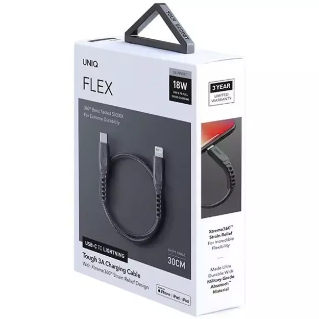 Uniq Flex USB-C / Lightning 18W nylon cable 30 cm - gray 1