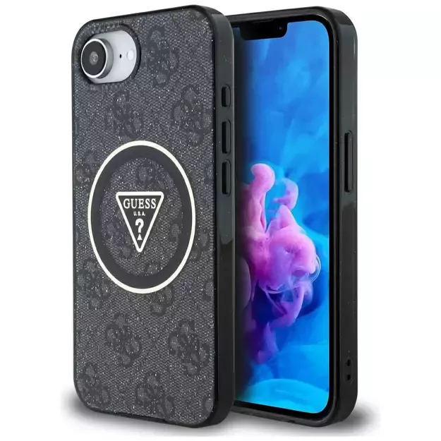 Guess IML Metal Glitter 4G Circle Triangle MagSafe Case for iPhone 16e - Black
