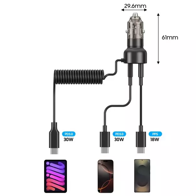 CC05 Car Charger 2-Port PD60 W + USB-C Cable - Black 2