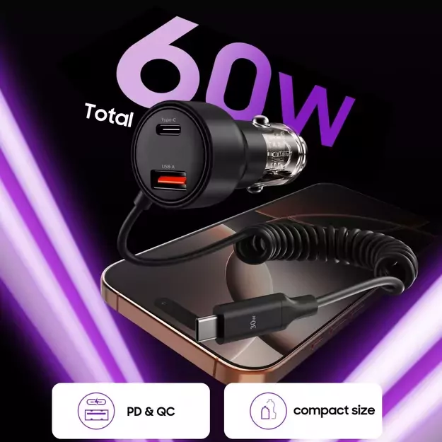 CC05 Car Charger 2-Port PD60 W + USB-C Cable - Black 3