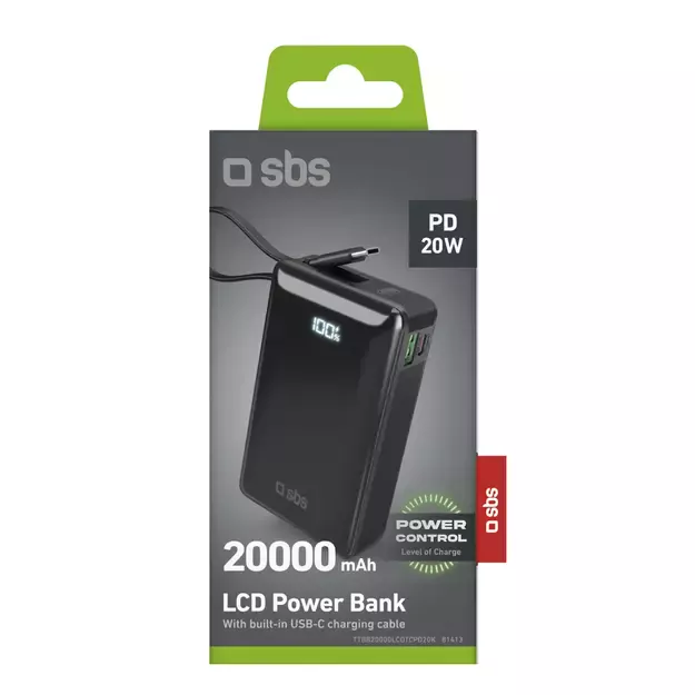 Powerbank SBS 20000 mAh 20W with built-in USB-C cable and digital display - black 1