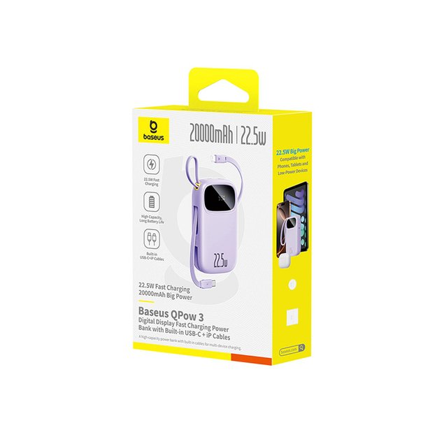 Baseus EnerFill FC21 Qpow 3 Ultra 20000mAh 22.5W Powerbank with Digital Display and Cable Included - Purple 2