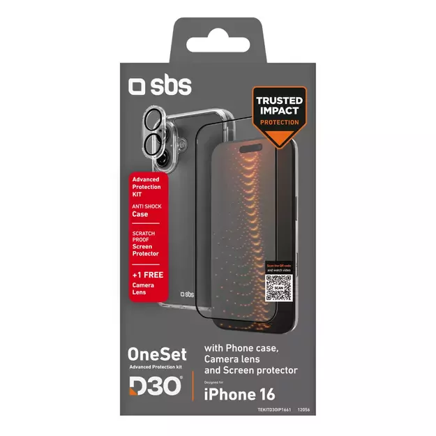 SBS set with D3O technology for iPhone 16 - case + glass screen and camera protector - transparent 2