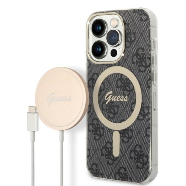 Set Guess GUBPP14LH4EACSK Case+ Charger iPhone 14 Pro 6.1  black/black hard case 4G Print MagSafe