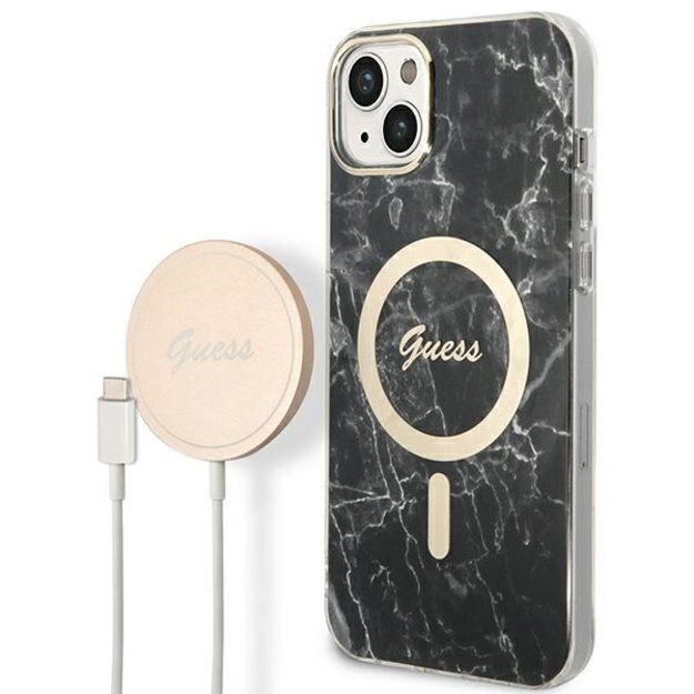 Set Guess GUBPP14MHMEACSK Case+ Charger iPhone 14 Plus 6.7  black/black hard case Marble MagSafe