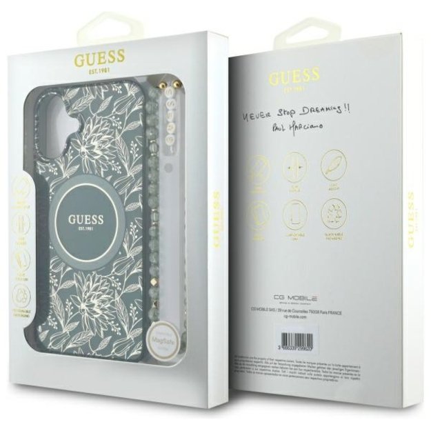 Guess IML Flowers Allover Electro With Pearl Strap MagSafe case for iPhone 16 Plus - green 4