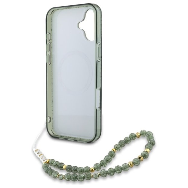 Guess IML Flowers Allover Electro With Pearl Strap MagSafe case for iPhone 16 Plus - green 3
