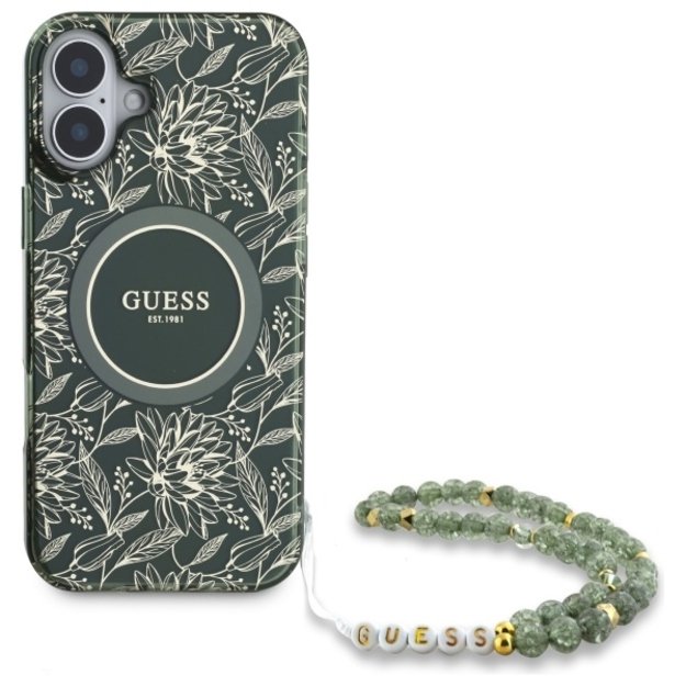 Guess IML Flowers Allover Electro With Pearl Strap MagSafe case for iPhone 16 Plus - green 5